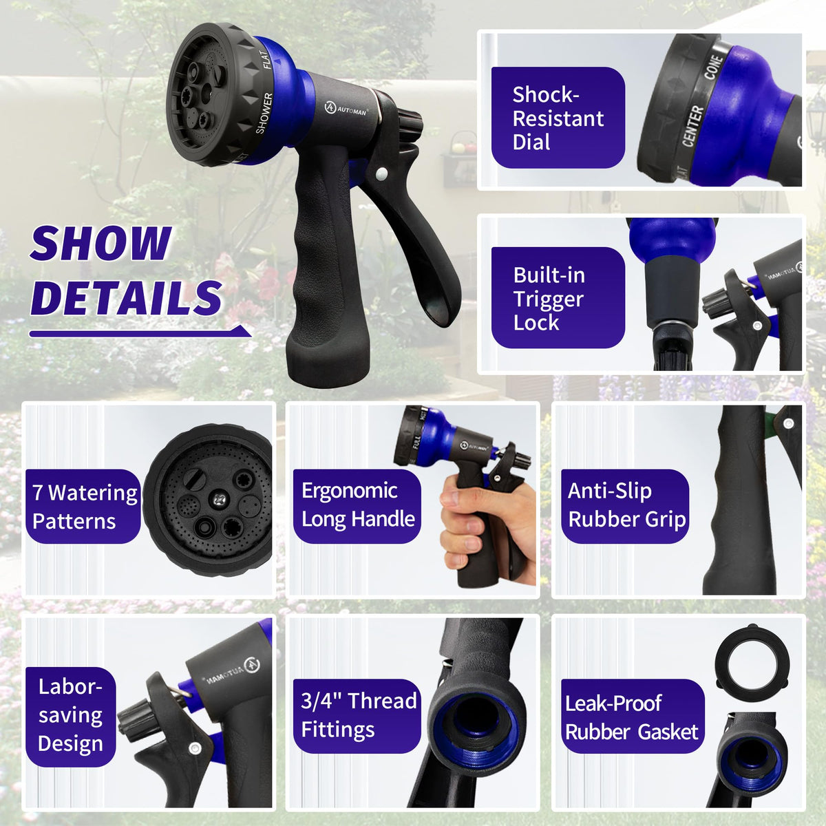 AUTOMAN Garden Hose Nozzle, Water Hose Sprayer Nozzle with 7 Adjustable Watering Patterns, Slip Resistant for Watering Plants, Lawn& Garden, Washing Cars, Cleaning, Showering Pets & Outdoor Fun. Father Jim Norris notebooks