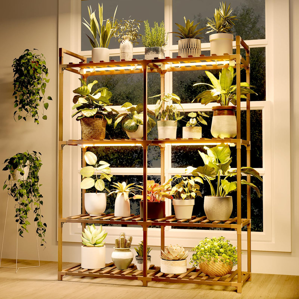 Bamworld Plant Stand Indoor with Flower Fairy Lights Battery Plant Shelf Father Jim Norris notebooks