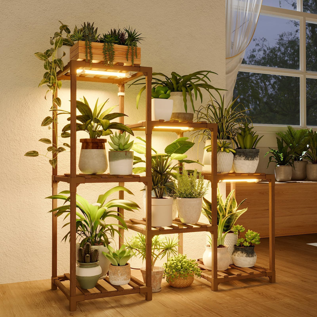 Bamworld Plant Stand Indoor with Flower Fairy Lights Battery Plant Shelf Father Jim Norris notebooks