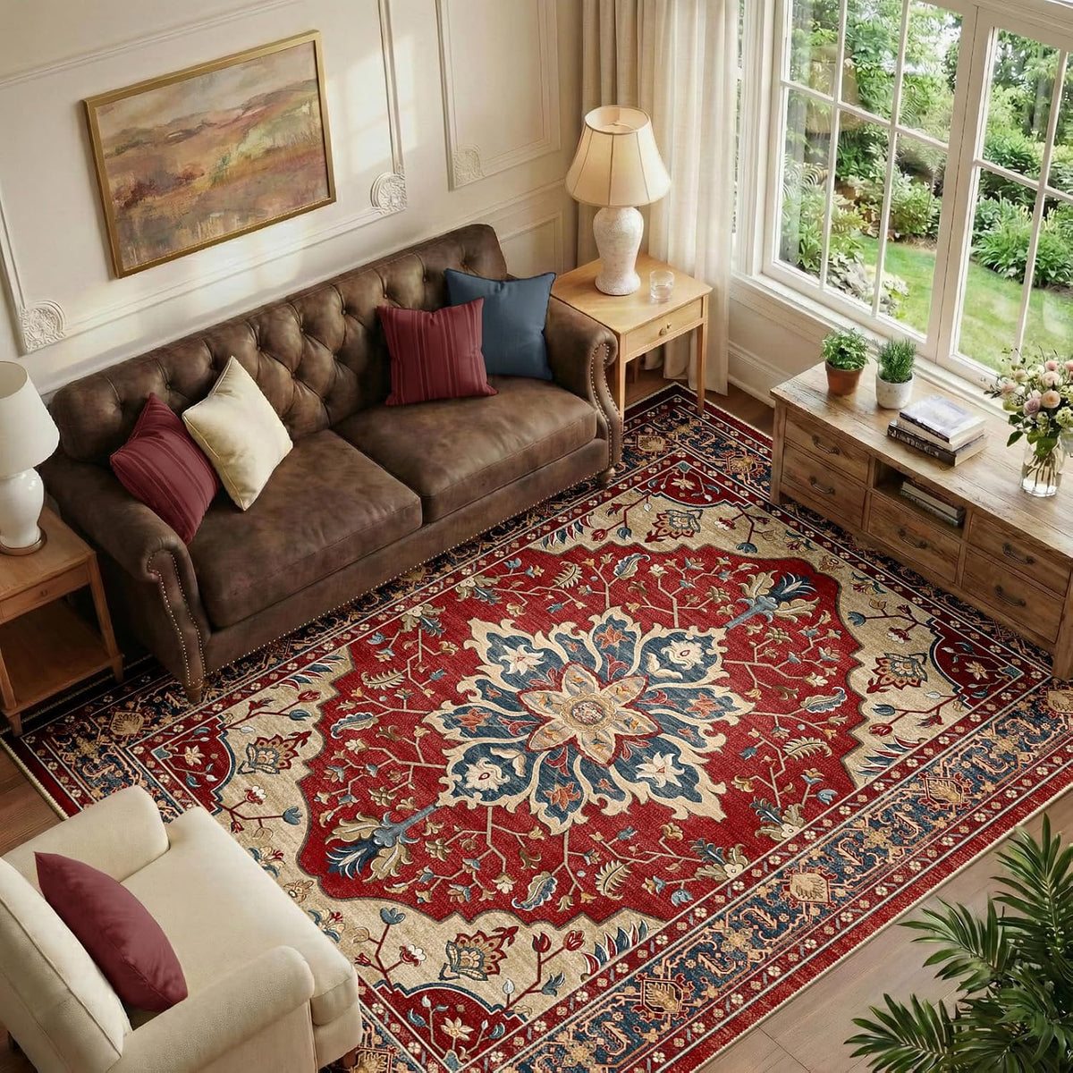 RELEANY Washable Area Rug, Small 2'x3', Teal Green/White/Navy