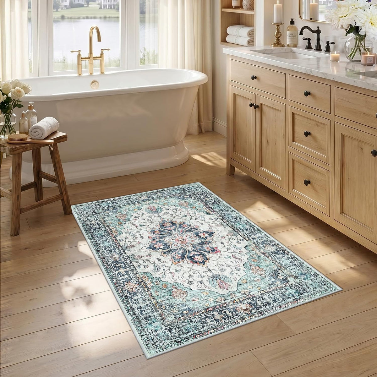 RELEANY Washable Area Rug, Small 2'x3', Teal Green/White/Navy
