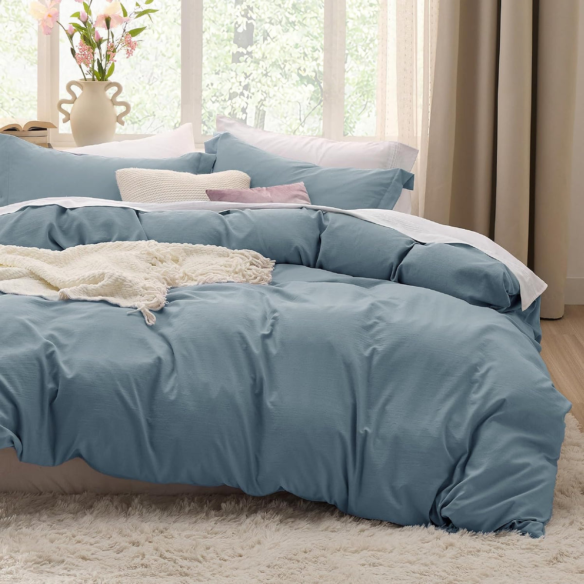 Bedsure Skipper Blue Duvet Cover Queen Size - 3 Pieces Prewashed Cotton-Like Polyester Extra Soft Bedding Set, Includes 1 Duvet Cover 90x90 Inches with Zipper Closure & 2 Pillow Shams, No Comforter