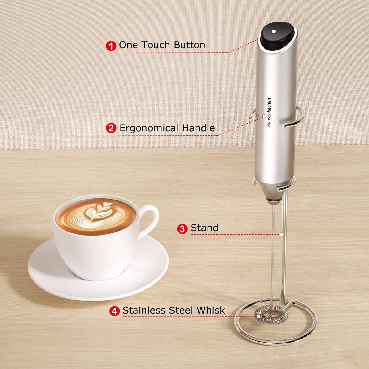 Bonsenkitchen Milk Frother for Coffee, Battery Operated, Black