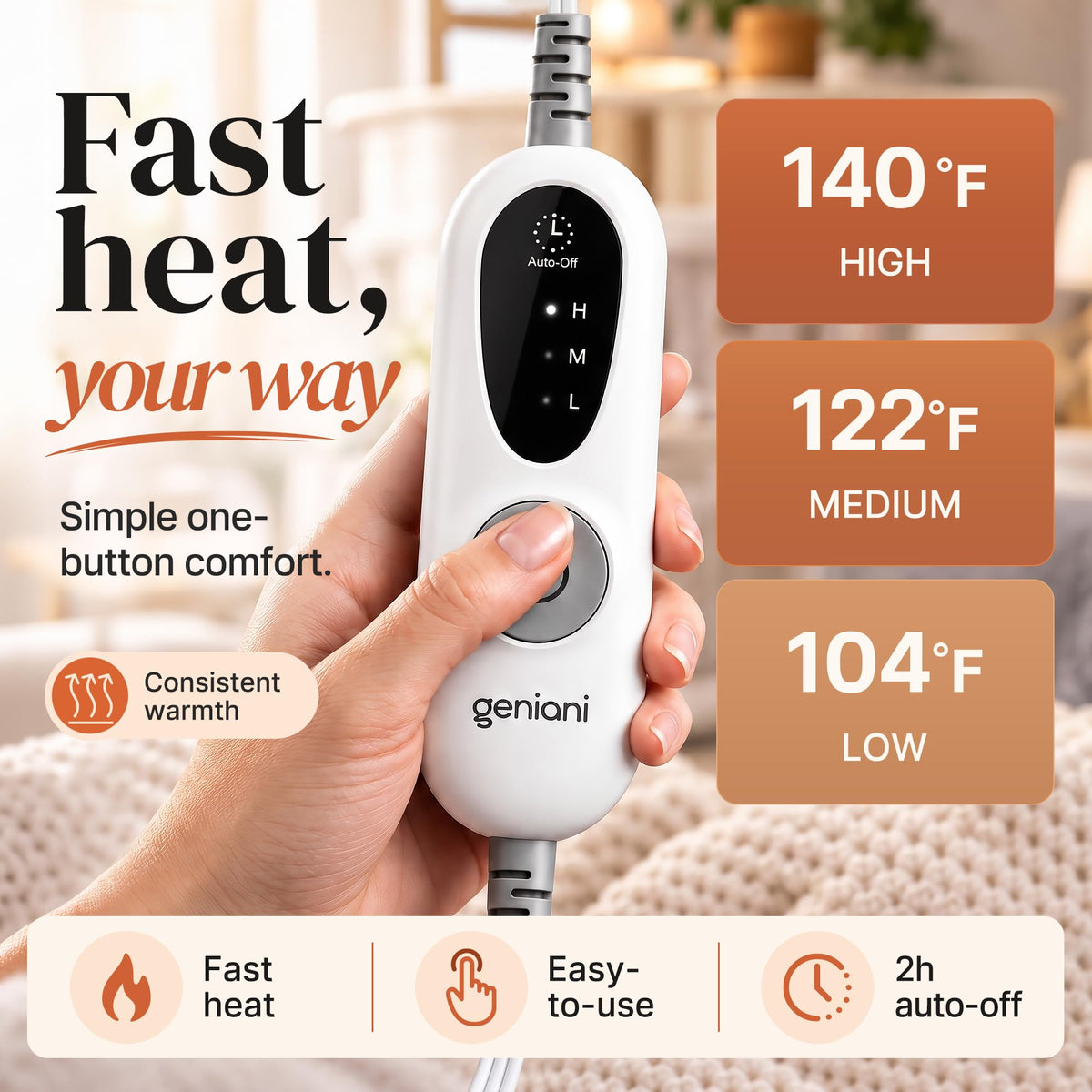 GENIANI XXL Heating Pad for Back Pain & Menstrual Pain Relief, Electric Throw Auto Shut Off,