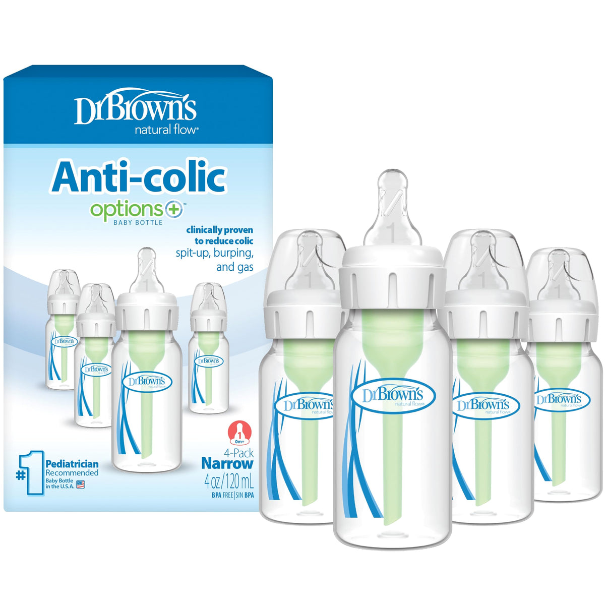 Dr. Brown's Anti-Colic Options+ Narrow Baby Bottle, Clear, 8 oz, 4-Pack