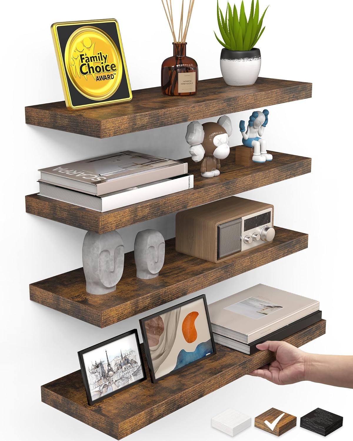 BAYKA Rustic Brown Bathroom Floating Shelves, 15.7in, 3Pk, Wall Mount Shelf