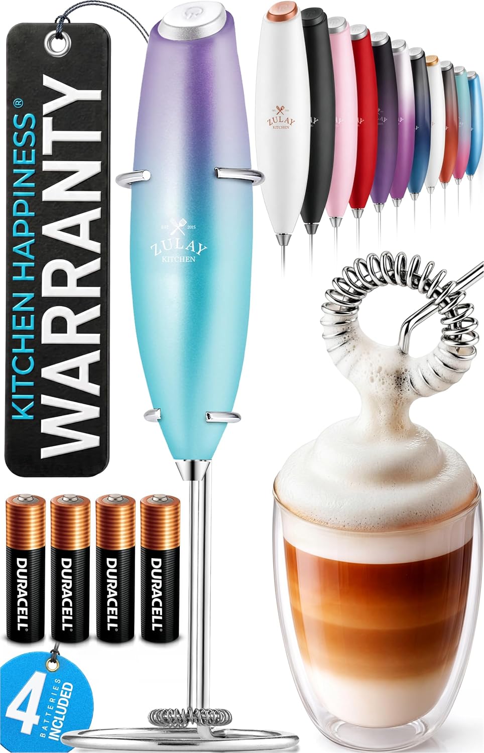 Zulay Kitchen Powerful Milk Frother Wand With Duracell Batteries - Ultra Fast Handheld Drink Mixer - Electric Whisk Foam Maker for Coffee, Lattes, Cappuccino & Matcha - Triple Whisk - Queen Turquoise