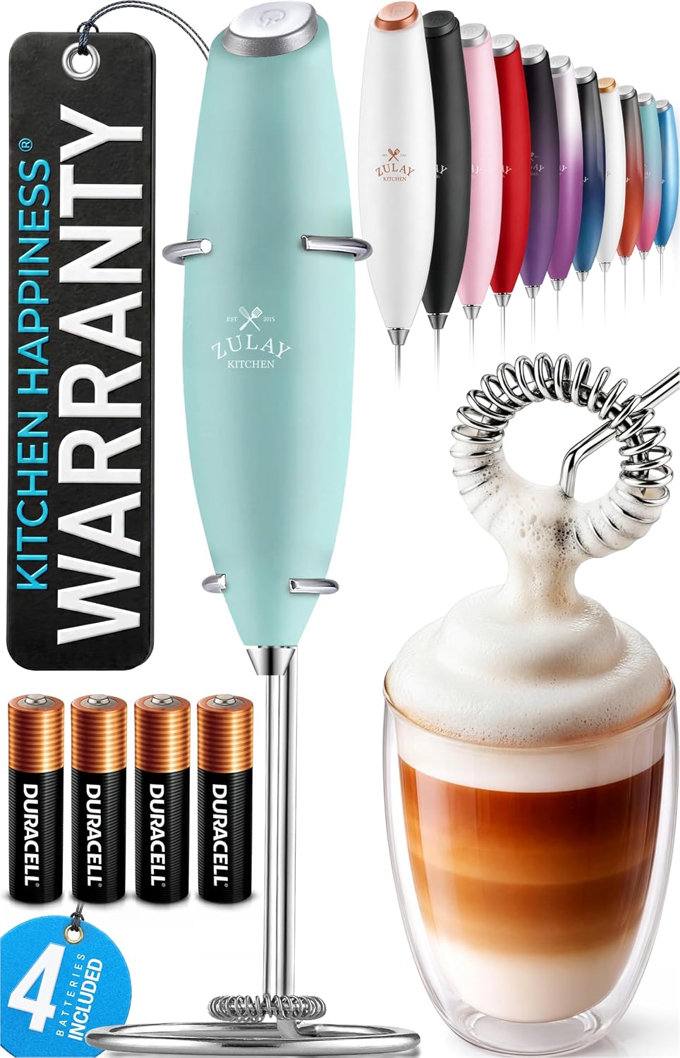 Zulay Kitchen Powerful Milk Frother Wand With Duracell Batteries - Ultra Fast Handheld Drink Mixer - Electric Whisk Foam Maker for Coffee, Lattes, Cappuccino & Matcha - Triple Whisk - Queen Turquoise