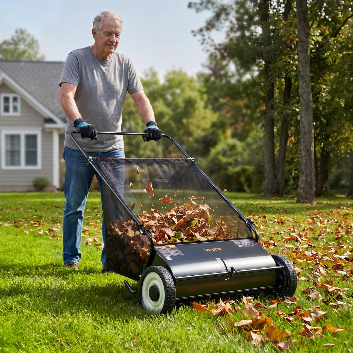 VEVOR Push Lawn Sweeper 26 in Leaf & Grass Collector 7 cu. ft. Hopper Bag Father Jim Norris notebooks