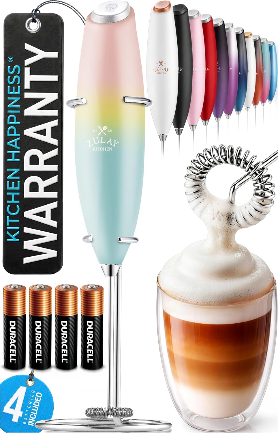 Zulay Kitchen Powerful Milk Frother Wand With Duracell Batteries - Ultra Fast Handheld Drink Mixer - Electric Whisk Foam Maker for Coffee, Lattes, Cappuccino & Matcha - Triple Whisk - Queen Turquoise