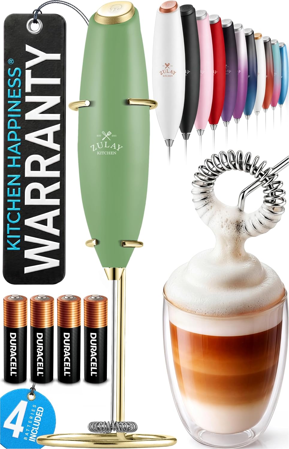Zulay Kitchen Powerful Milk Frother Wand With Duracell Batteries - Ultra Fast Handheld Drink Mixer - Electric Whisk Foam Maker for Coffee, Lattes, Cappuccino & Matcha - Triple Whisk - Queen Turquoise