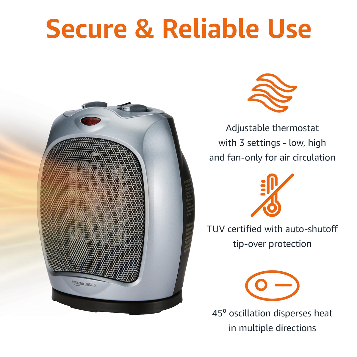 Amazon Basics Ceramic Space Heater, Portable Indoor Heating Solution, With Overheat and Tip-Over Protection,
