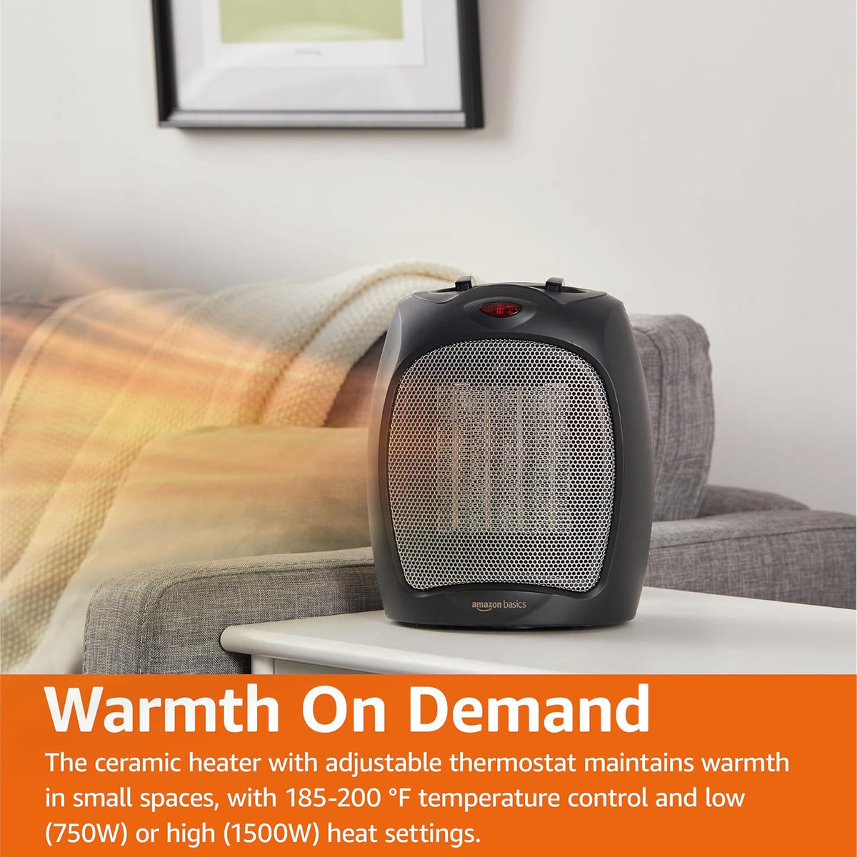Amazon Basics Ceramic Space Heater, Portable Indoor Heating Solution, With Overheat and Tip-Over Protection,