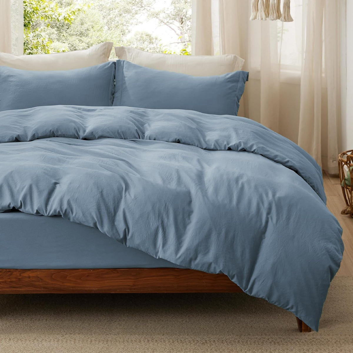 Bedsure Skipper Blue Duvet Cover Queen Size - 3 Pieces Prewashed Cotton-Like Polyester Extra Soft Bedding Set, Includes 1 Duvet Cover 90x90 Inches with Zipper Closure & 2 Pillow Shams, No Comforter