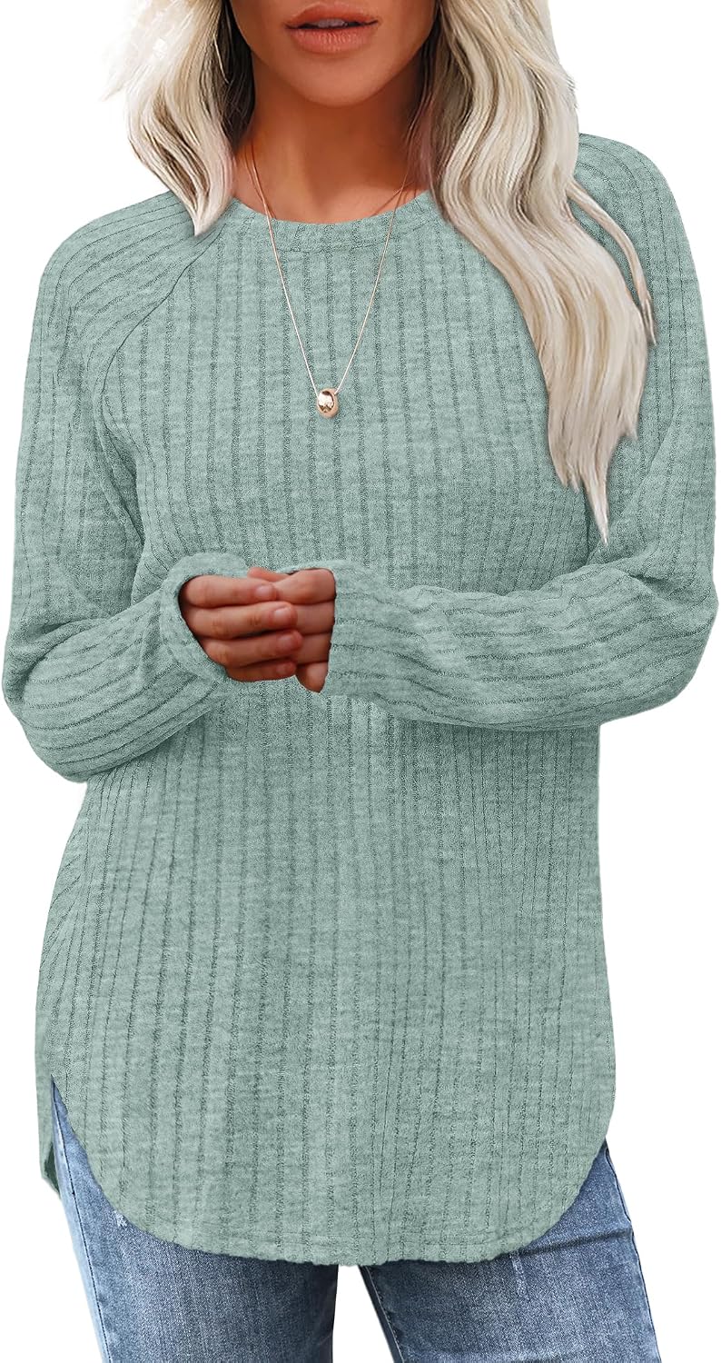 Saloogoe Long Sleeve Shirts for Women 2026 Fall Clothes Tunic Tops Loose Fit Dressy Crewneck Pullover Sweaters Curved Hem