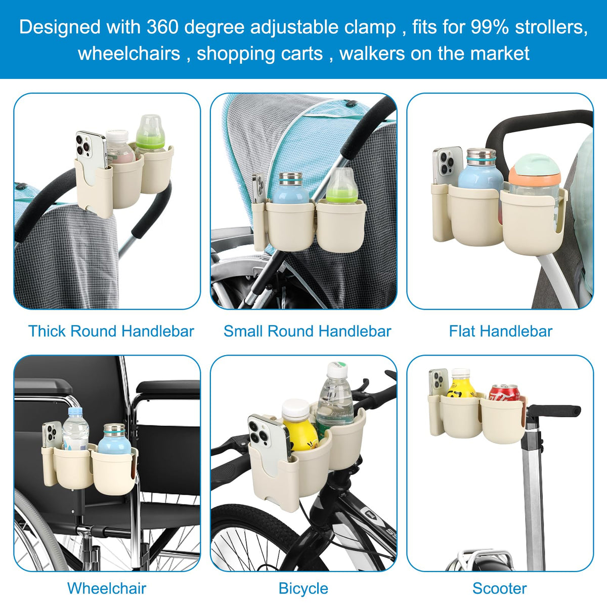 Accmor Stroller Cup Holder with Phone Holder, Bike Cup Holder, Walker Scooter Wheelchair Cup Holder Attachment, Universal Cup Holder for Uppababy Graco Strollers