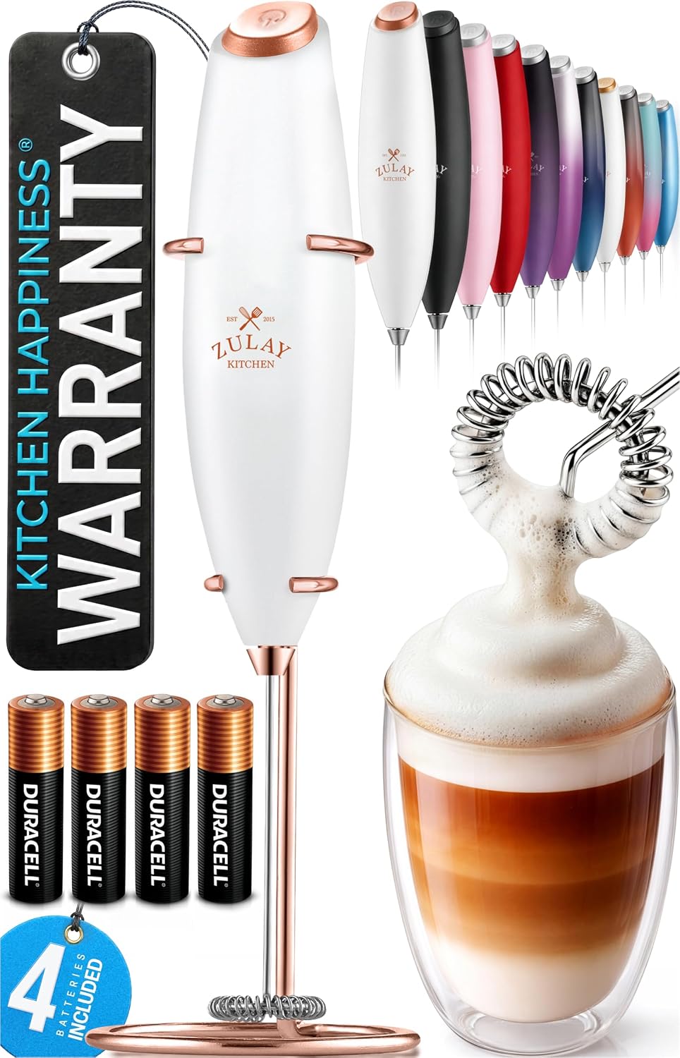 Zulay Kitchen Powerful Milk Frother Wand With Duracell Batteries - Ultra Fast Handheld Drink Mixer - Electric Whisk Foam Maker for Coffee, Lattes, Cappuccino & Matcha - Triple Whisk - Queen Turquoise