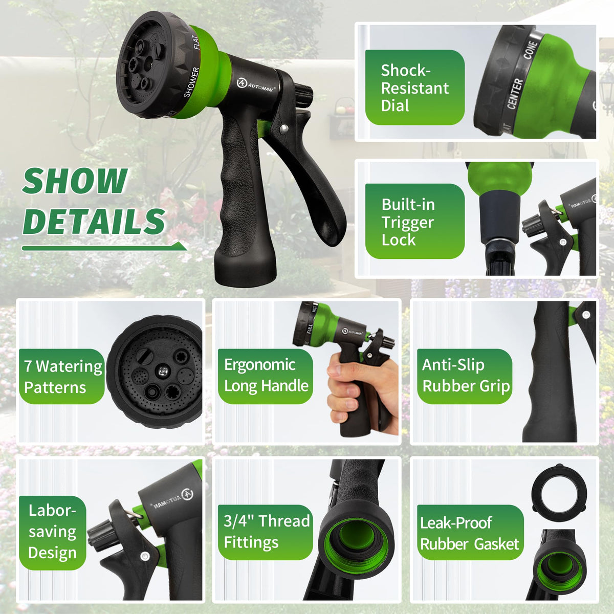 AUTOMAN Garden Hose Nozzle, Water Hose Sprayer Nozzle with 7 Adjustable Watering Patterns, Slip Resistant for Watering Plants, Lawn& Garden, Washing Cars, Cleaning, Showering Pets & Outdoor Fun. Father Jim Norris notebooks