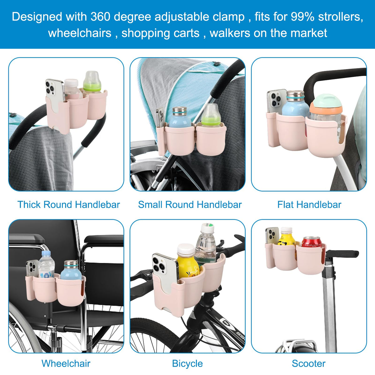 Accmor Stroller Cup Holder with Phone Holder, Bike Cup Holder, Walker Scooter Wheelchair Cup Holder Attachment, Universal Cup Holder for Uppababy Graco Strollers