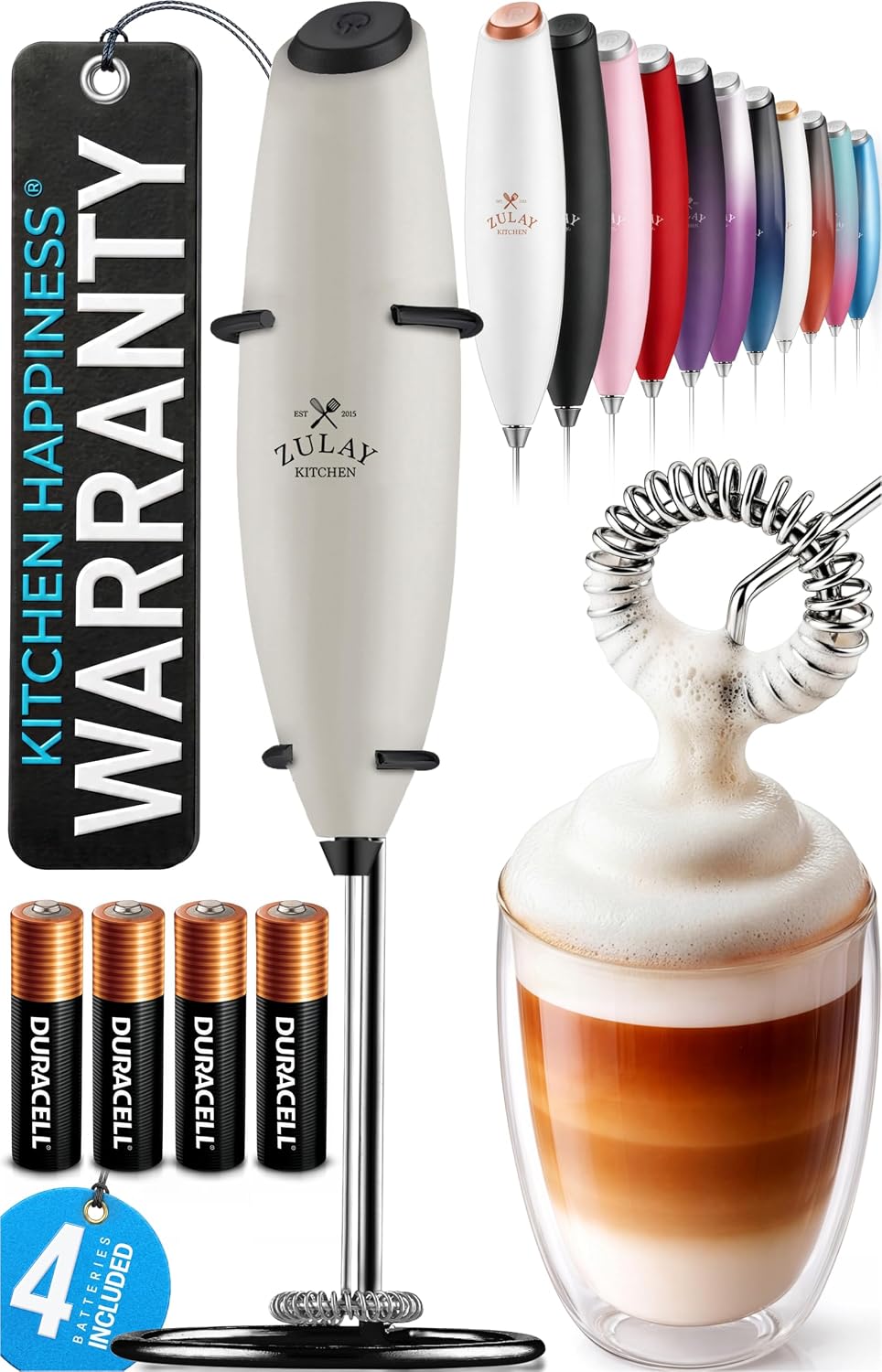 Zulay Kitchen Powerful Milk Frother Wand With Duracell Batteries - Ultra Fast Handheld Drink Mixer - Electric Whisk Foam Maker for Coffee, Lattes, Cappuccino & Matcha - Triple Whisk - Queen Turquoise