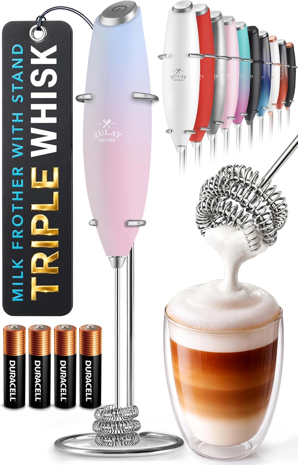 Zulay Kitchen Powerful Milk Frother Wand With Duracell Batteries - Ultra Fast Handheld Drink Mixer - Electric Whisk Foam Maker for Coffee, Lattes, Cappuccino & Matcha - Triple Whisk - Queen Turquoise