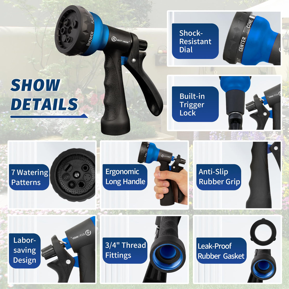 AUTOMAN Garden Hose Nozzle, Water Hose Sprayer Nozzle with 7 Adjustable Watering Patterns, Slip Resistant for Watering Plants, Lawn& Garden, Washing Cars, Cleaning, Showering Pets & Outdoor Fun. Father Jim Norris notebooks