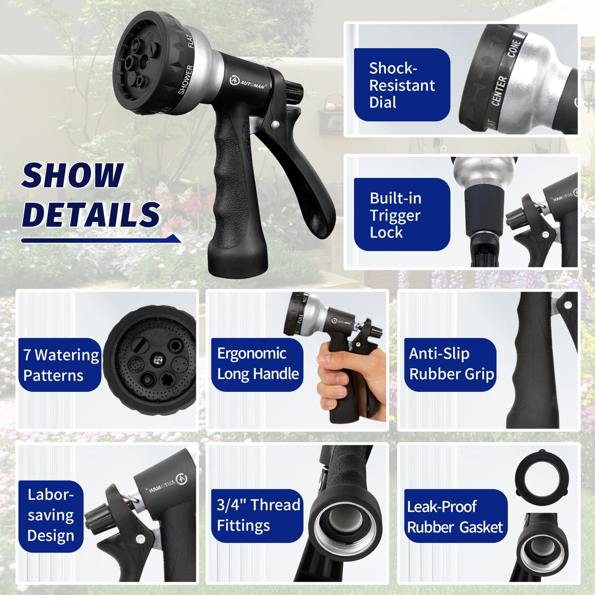 AUTOMAN Garden Hose Nozzle, Water Hose Sprayer Nozzle with 7 Adjustable Watering Patterns, Slip Resistant for Watering Plants, Lawn& Garden, Washing Cars, Cleaning, Showering Pets & Outdoor Fun. Father Jim Norris notebooks
