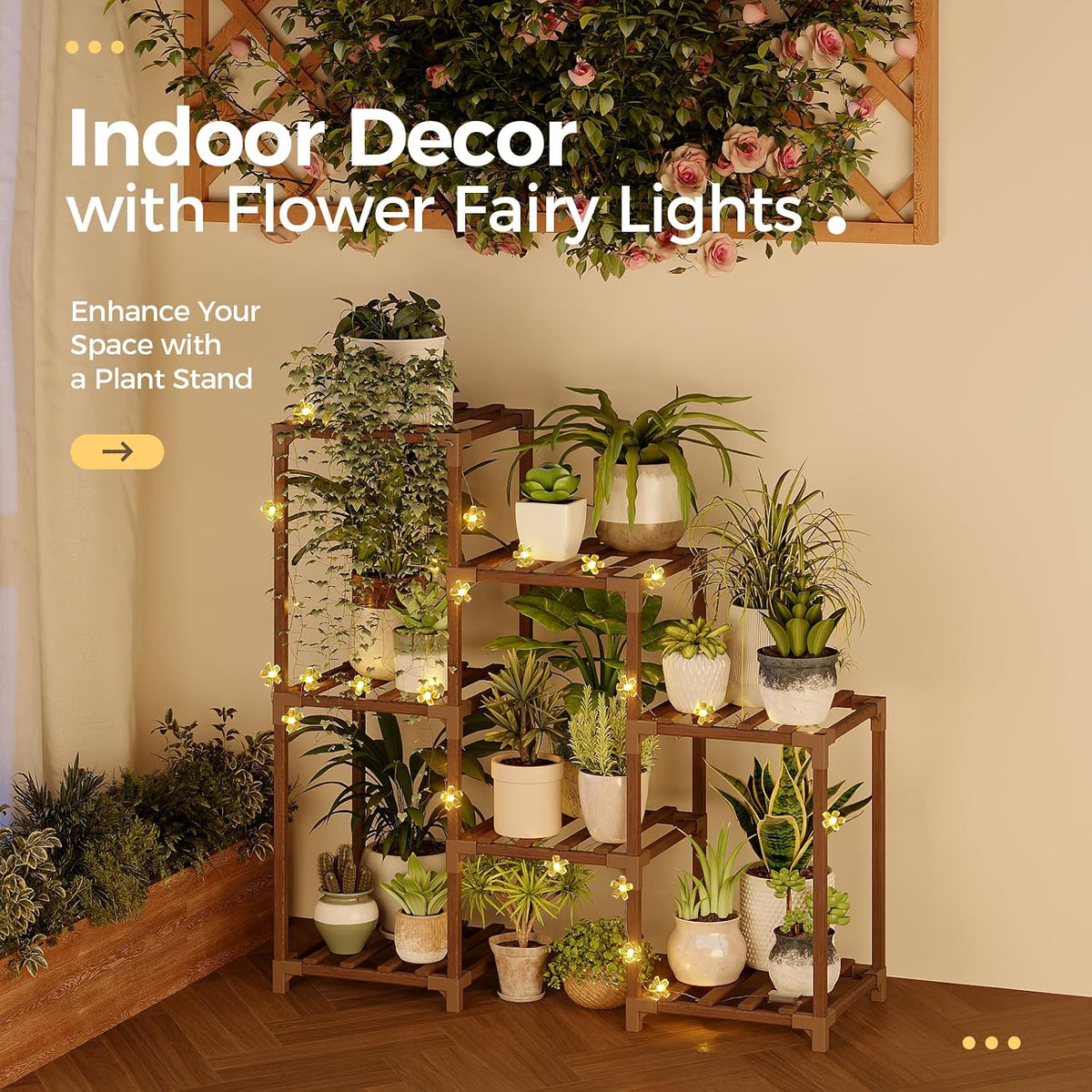 Bamworld Plant Stand Indoor with Flower Fairy Lights Battery Plant Shelf Father Jim Norris notebooks