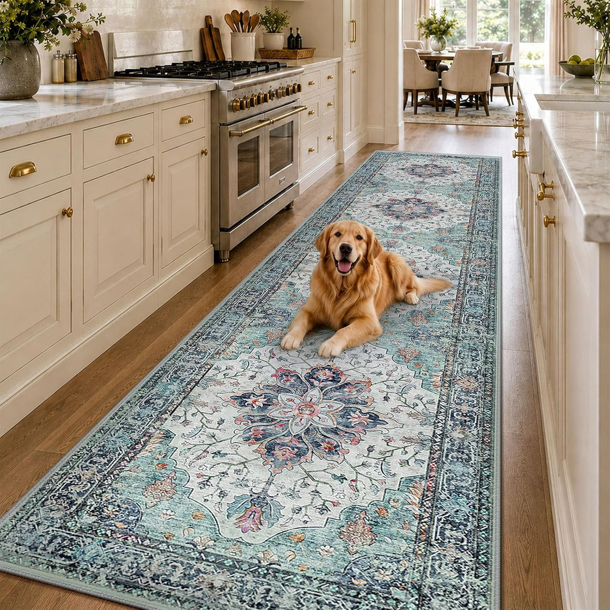 RELEANY Washable Area Rug, Small 2'x3', Teal Green/White/Navy