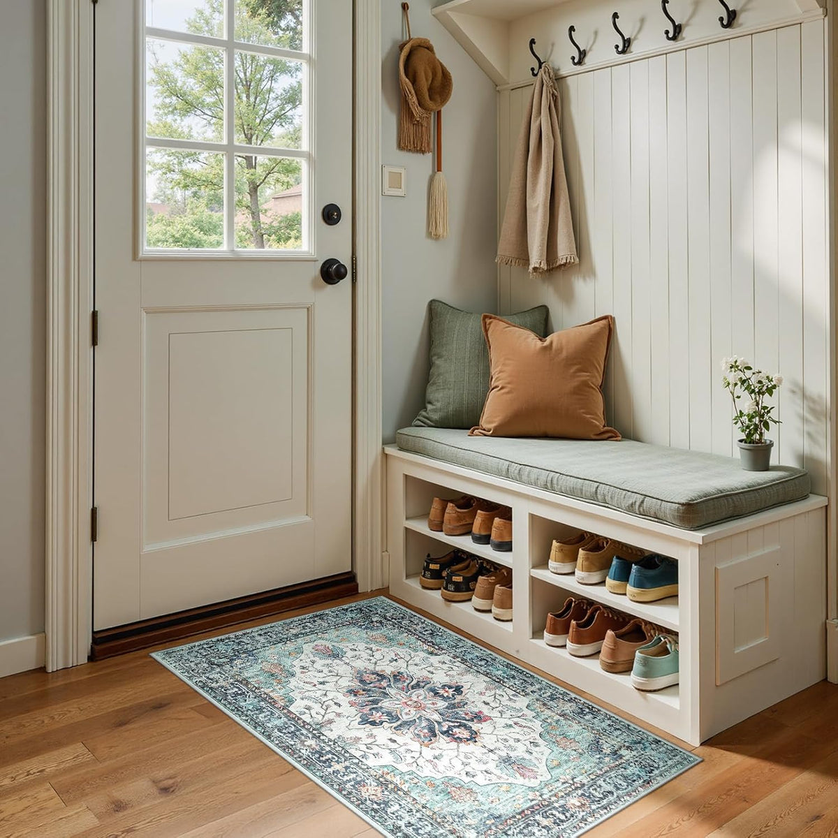 RELEANY Washable Area Rug, Small 2'x3', Teal Green/White/Navy