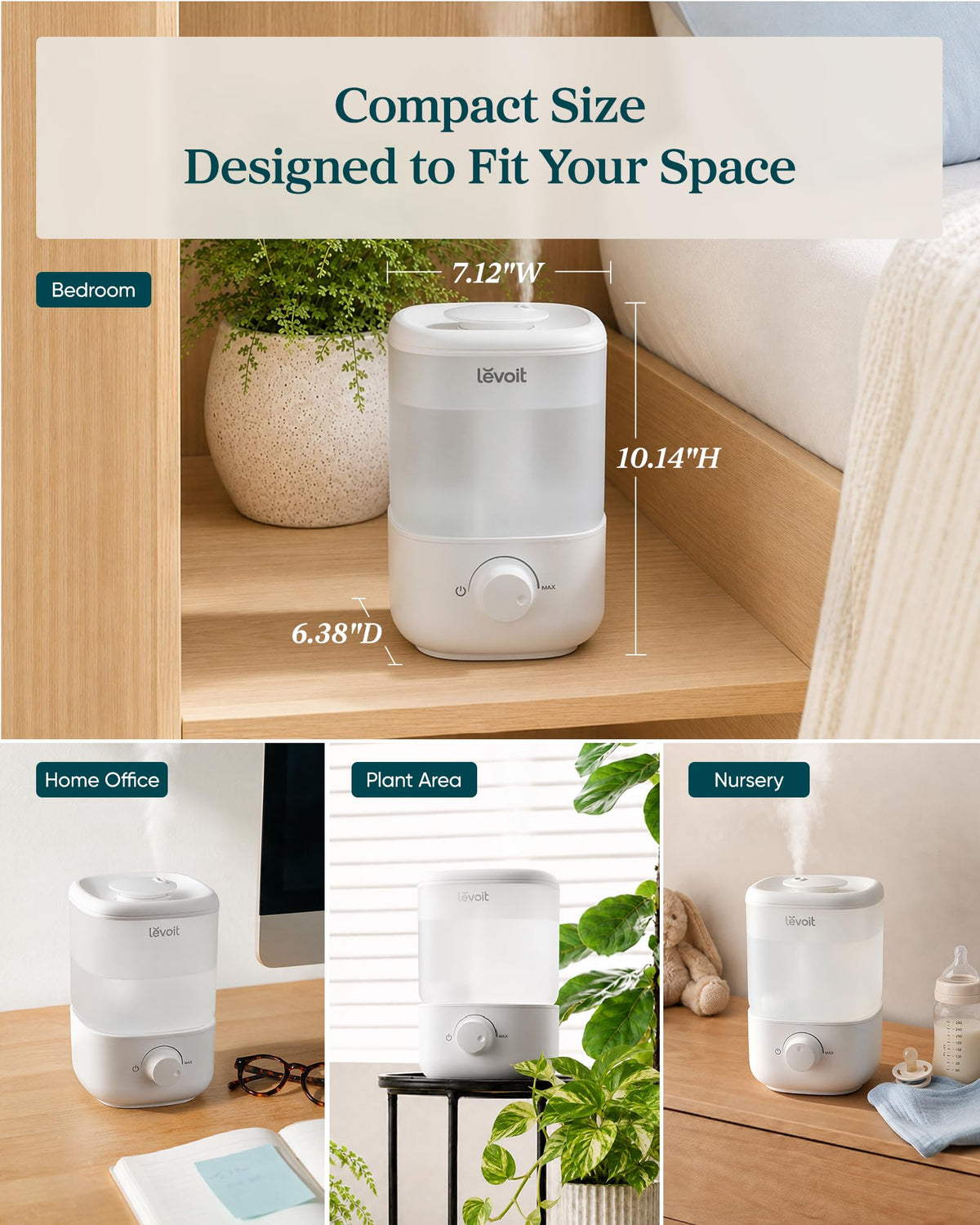 Levoit Humidifiers for Bedroom, Dishwasher Safe, Blue Light-Safe, 3.2L