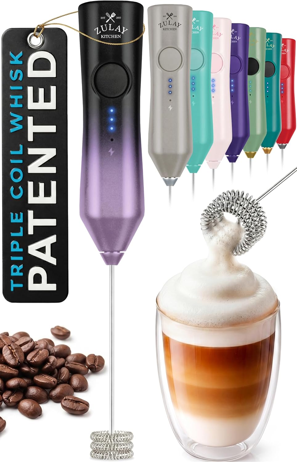 Zulay Kitchen Powerful Milk Frother Wand With Duracell Batteries - Ultra Fast Handheld Drink Mixer - Electric Whisk Foam Maker for Coffee, Lattes, Cappuccino & Matcha - Triple Whisk - Queen Turquoise