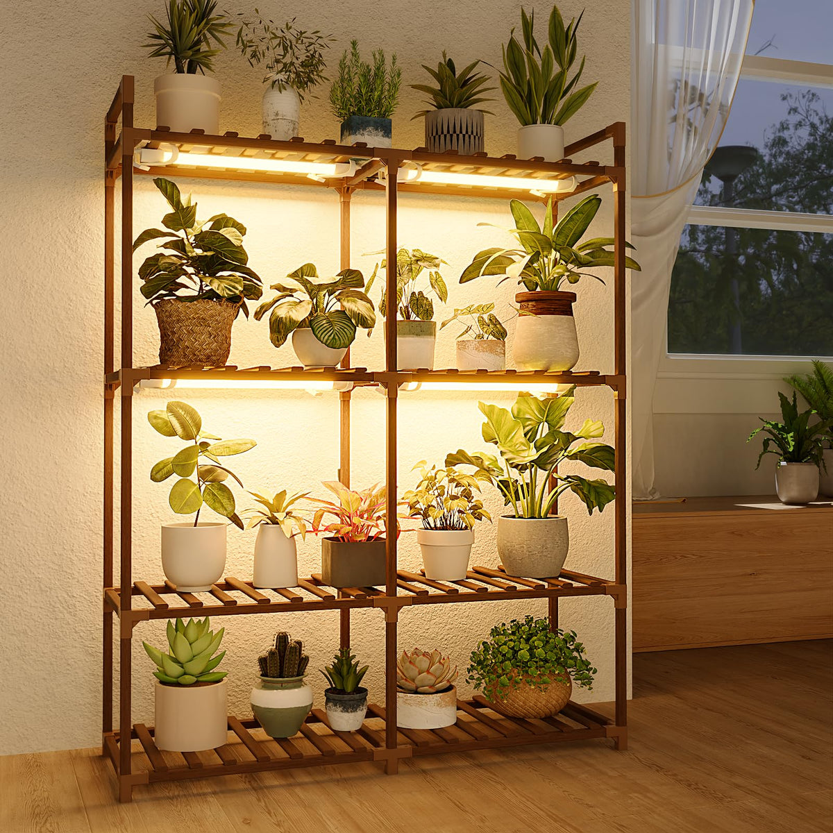 Bamworld Plant Stand Indoor with Flower Fairy Lights Battery Plant Shelf Father Jim Norris notebooks