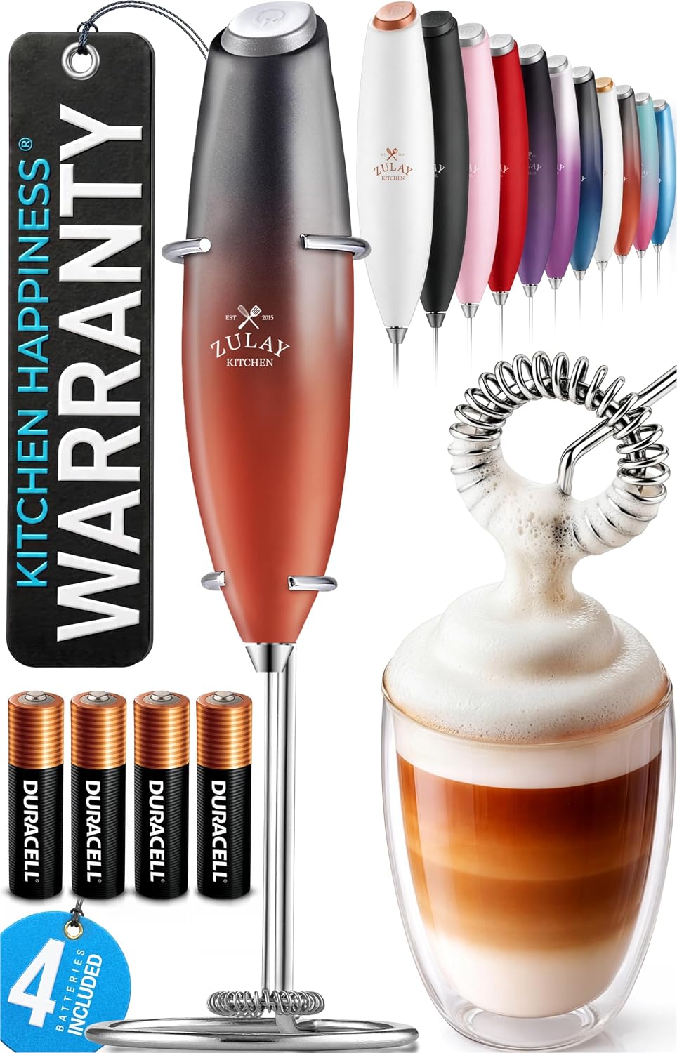 Zulay Kitchen Powerful Milk Frother Wand With Duracell Batteries - Ultra Fast Handheld Drink Mixer - Electric Whisk Foam Maker for Coffee, Lattes, Cappuccino & Matcha - Triple Whisk - Queen Turquoise