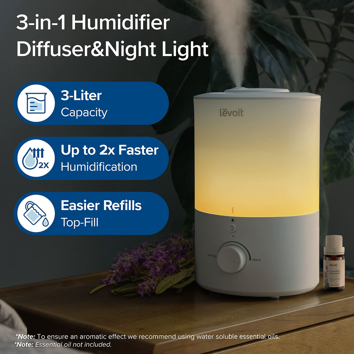 Levoit Humidifiers for Bedroom, Dishwasher Safe, Blue Light-Safe, 3.2L