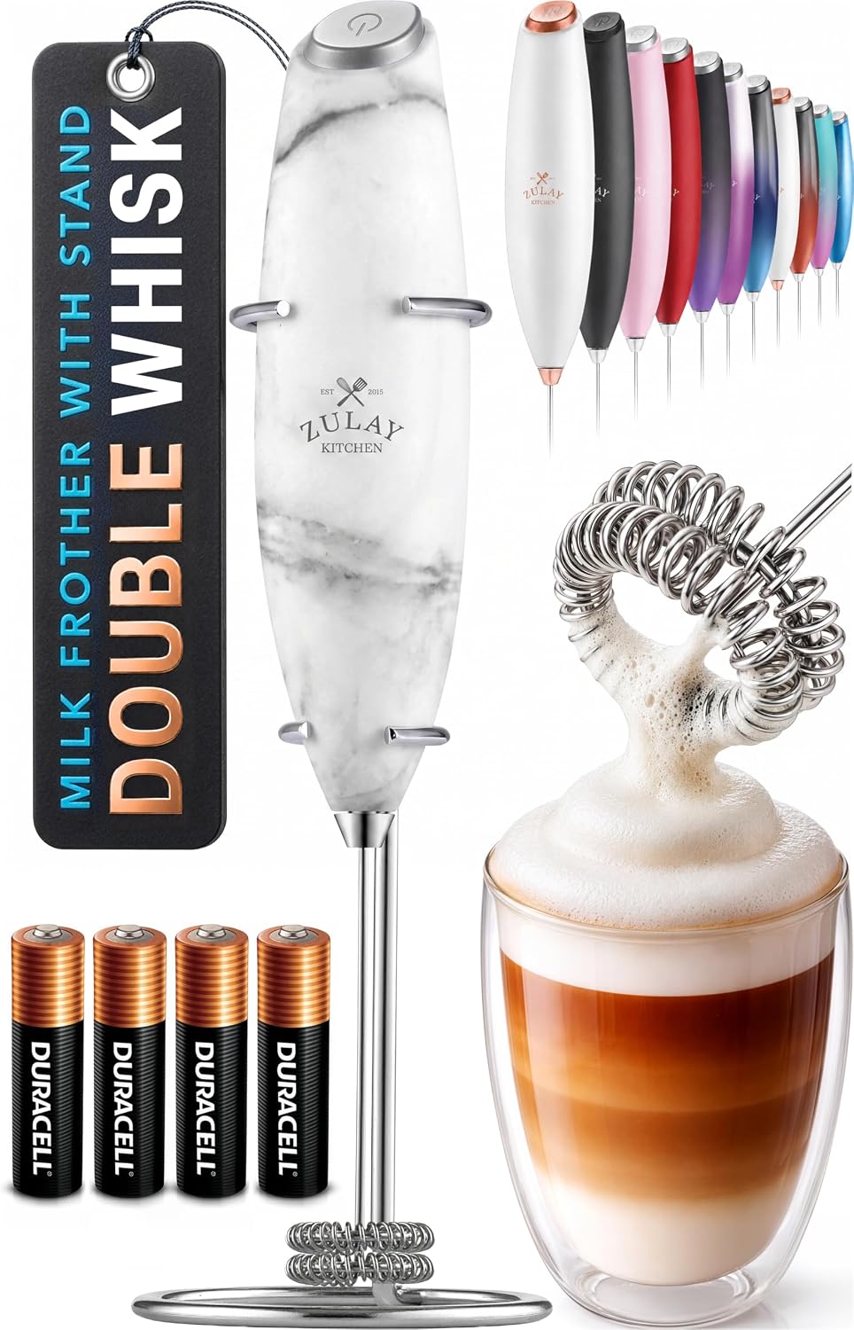 Zulay Kitchen Powerful Milk Frother Wand With Duracell Batteries - Ultra Fast Handheld Drink Mixer - Electric Whisk Foam Maker for Coffee, Lattes, Cappuccino & Matcha - Triple Whisk - Queen Turquoise