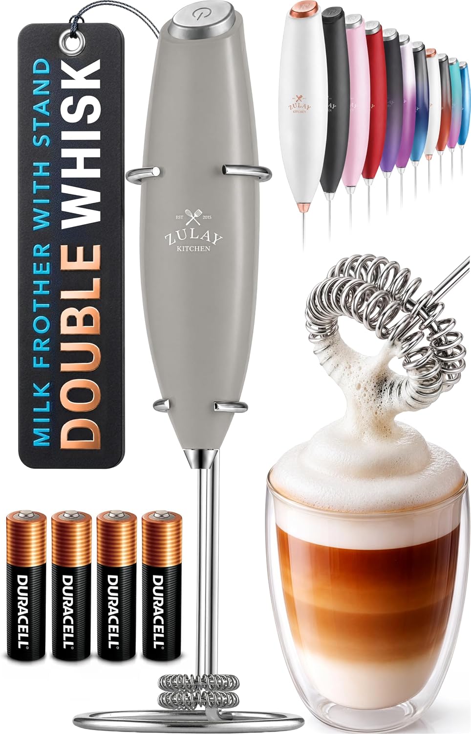 Zulay Kitchen Powerful Milk Frother Wand With Duracell Batteries - Ultra Fast Handheld Drink Mixer - Electric Whisk Foam Maker for Coffee, Lattes, Cappuccino & Matcha - Triple Whisk - Queen Turquoise