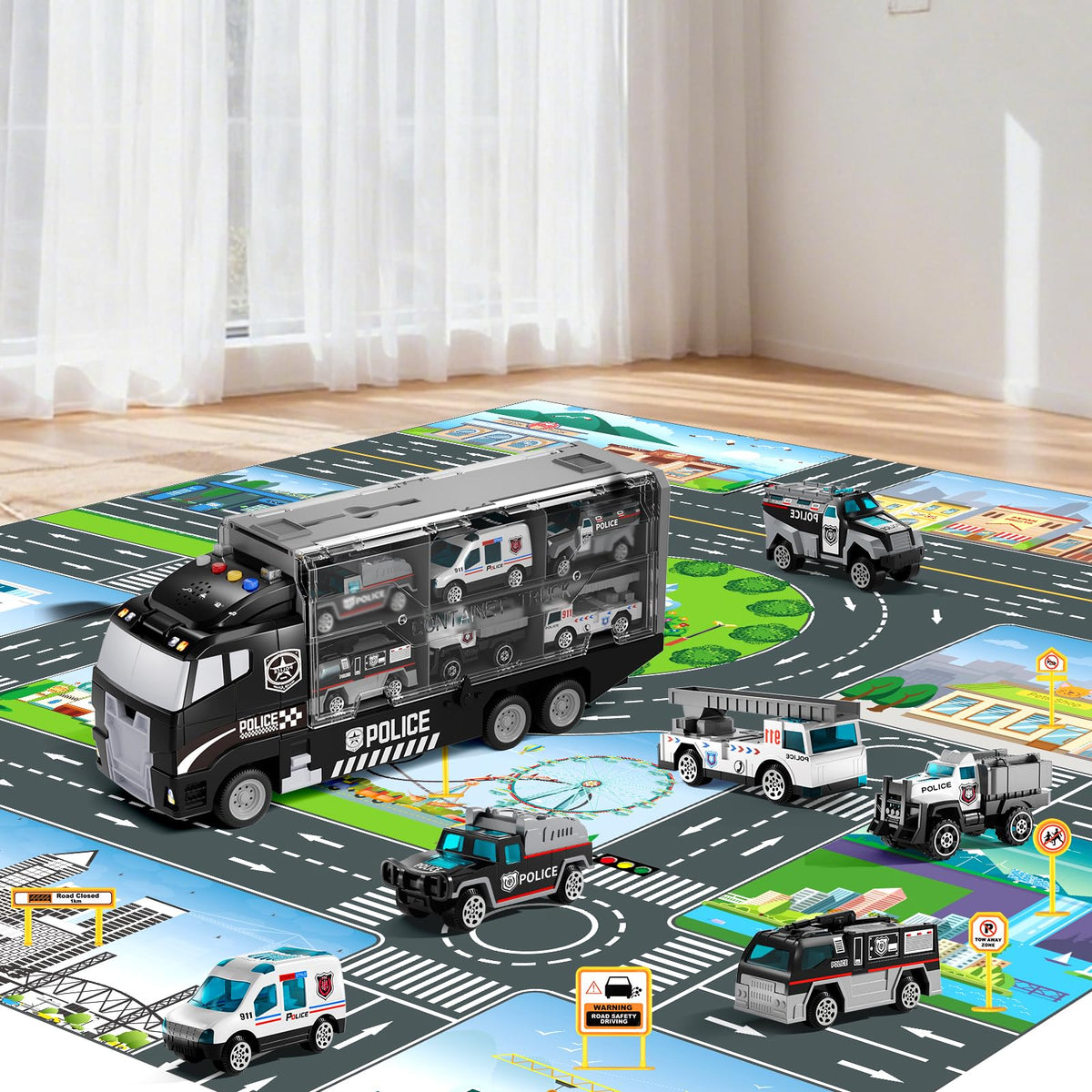 NIPLOOOW Kids Boys Construction Truck Vehicle Toy Set with Play Mat and Die-Cast Toy Car, Transport Carrier Truck for Kids 3-5, Birthday Gifts Toys for 3-8 Year Old Boys