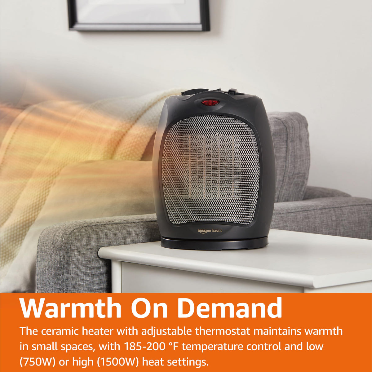 Amazon Basics Ceramic Space Heater, Portable Indoor Heating Solution, With Overheat and Tip-Over Protection,