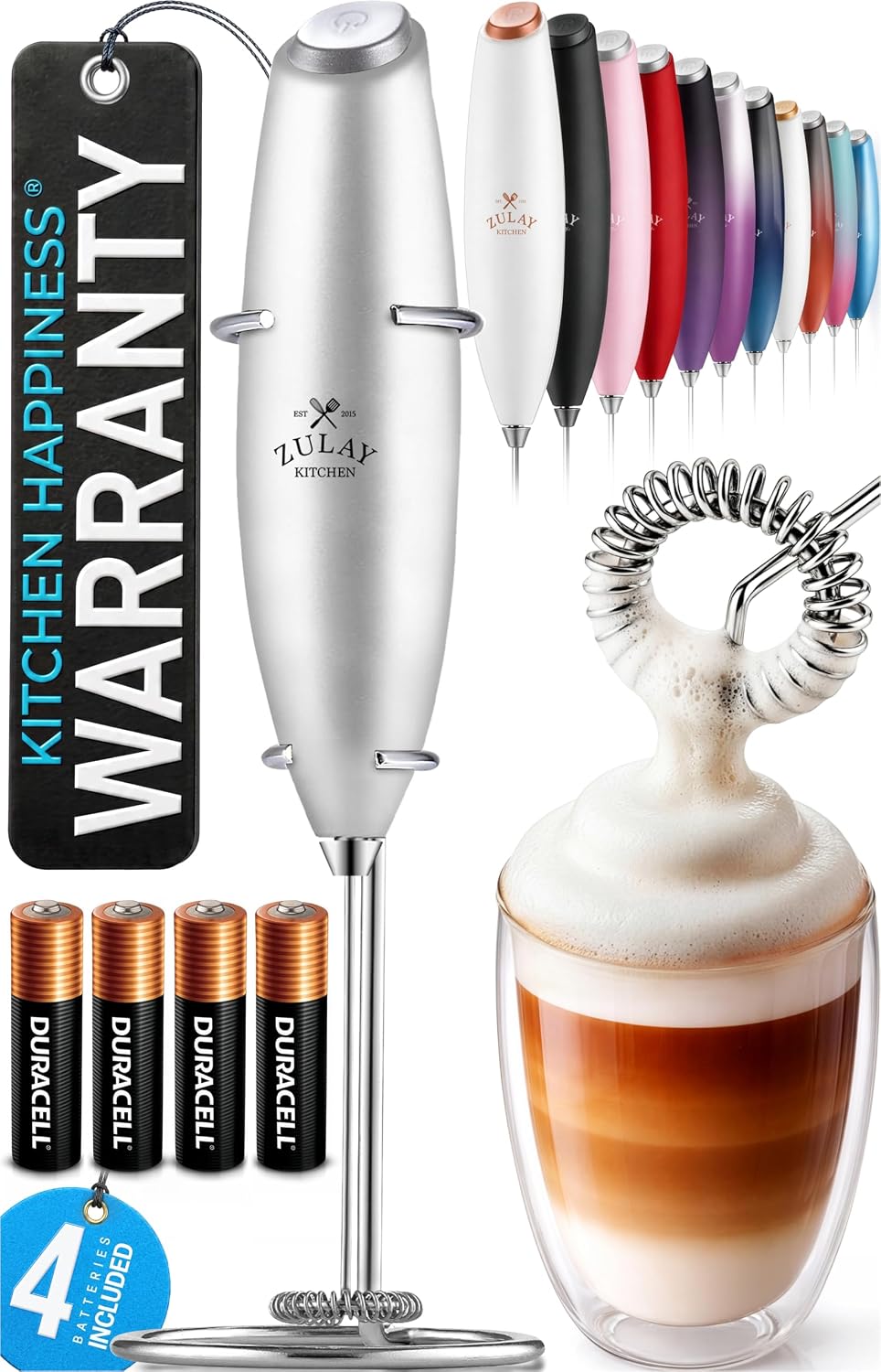 Zulay Kitchen Powerful Milk Frother Wand With Duracell Batteries - Ultra Fast Handheld Drink Mixer - Electric Whisk Foam Maker for Coffee, Lattes, Cappuccino & Matcha - Triple Whisk - Queen Turquoise