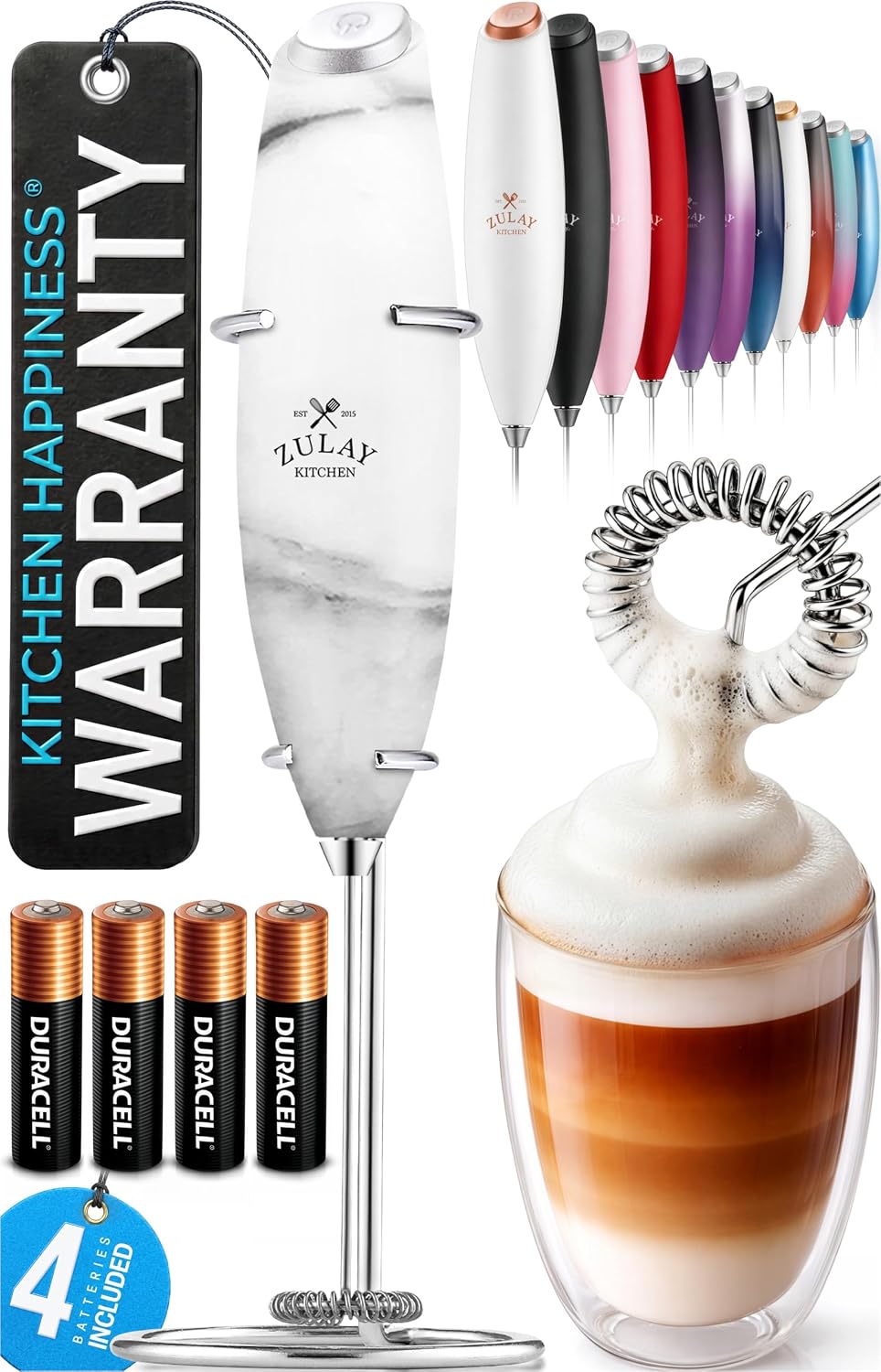 Zulay Kitchen Powerful Milk Frother Wand With Duracell Batteries - Ultra Fast Handheld Drink Mixer - Electric Whisk Foam Maker for Coffee, Lattes, Cappuccino & Matcha - Triple Whisk - Queen Turquoise