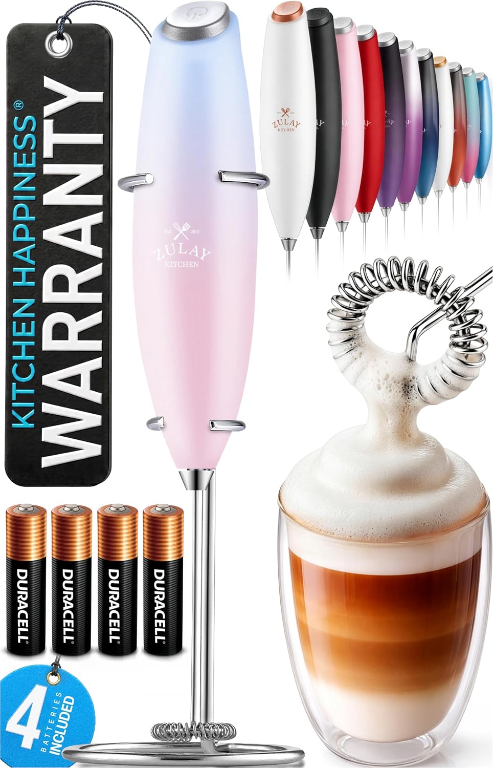 Zulay Kitchen Powerful Milk Frother Wand With Duracell Batteries - Ultra Fast Handheld Drink Mixer - Electric Whisk Foam Maker for Coffee, Lattes, Cappuccino & Matcha - Triple Whisk - Queen Turquoise