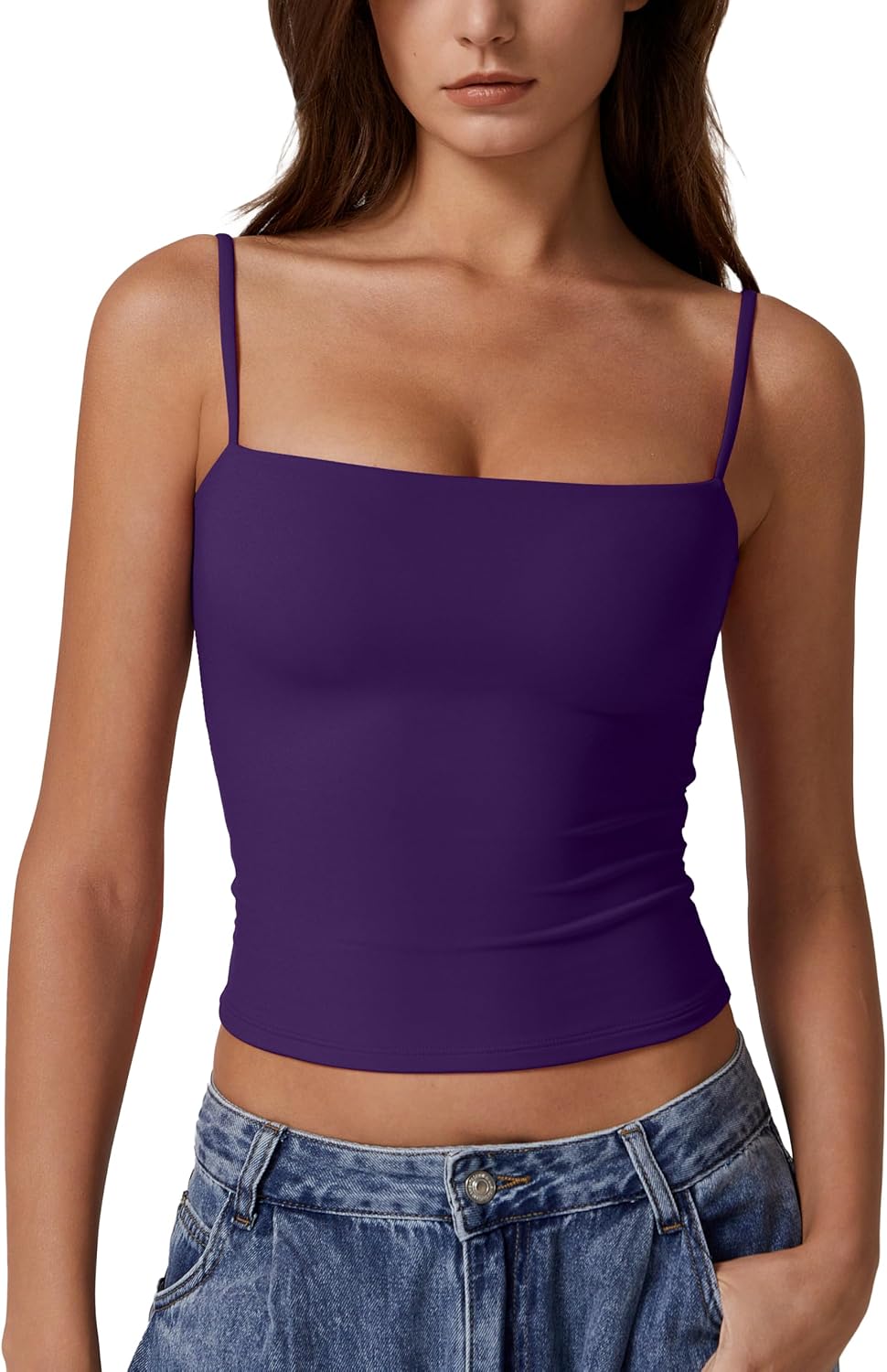 QINSEN Women's Double Lined Basic Tank Top Adjustable Spaghetti Straps Sleeveless Camisole Shirts
