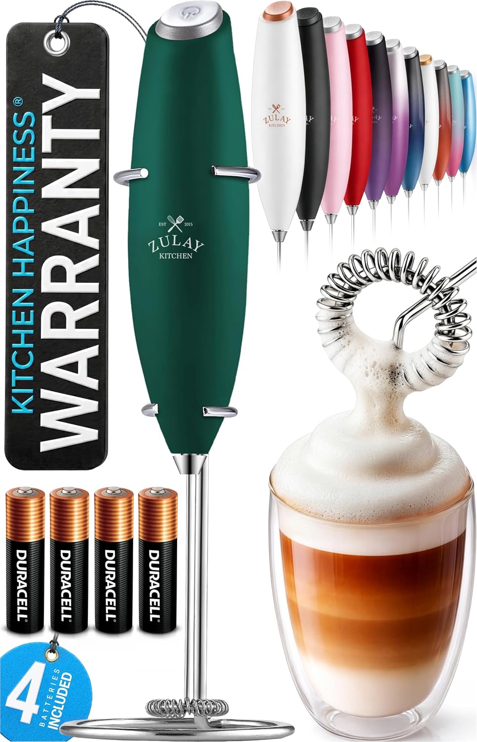 Zulay Kitchen Powerful Milk Frother Wand With Duracell Batteries - Ultra Fast Handheld Drink Mixer - Electric Whisk Foam Maker for Coffee, Lattes, Cappuccino & Matcha - Triple Whisk - Queen Turquoise
