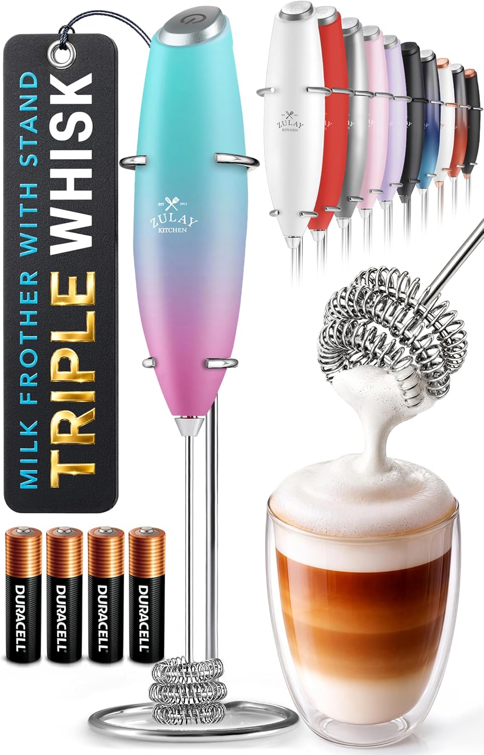 Zulay Kitchen Powerful Milk Frother Wand With Duracell Batteries - Ultra Fast Handheld Drink Mixer - Electric Whisk Foam Maker for Coffee, Lattes, Cappuccino & Matcha - Triple Whisk - Queen Turquoise