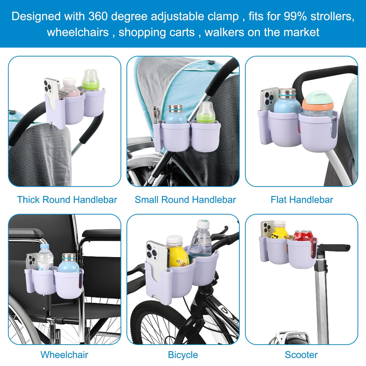 Accmor Stroller Cup Holder with Phone Holder, Bike Cup Holder, Walker Scooter Wheelchair Cup Holder Attachment, Universal Cup Holder for Uppababy Graco Strollers