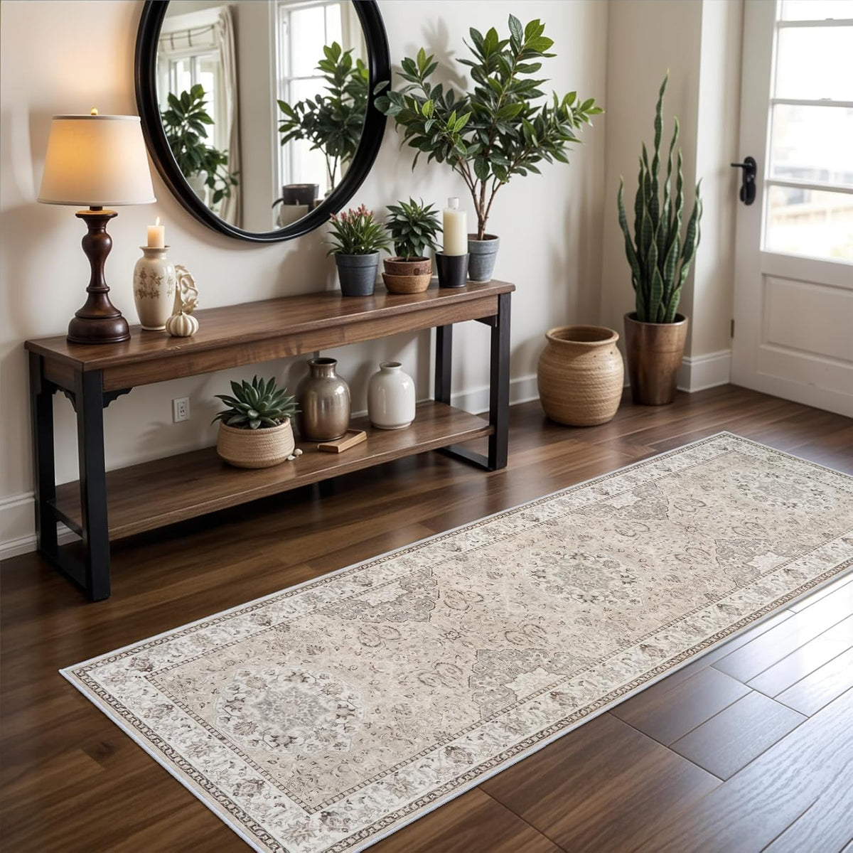 Hallway Washable Runner Rug - 3x10 Kitchen Rugs Entryway Rug Runner Vintage Soft Floor Mat Non Slip Indoor Farmhouse Carpet for Bathroom Living Room Bedroom (3 X 10, Beige)