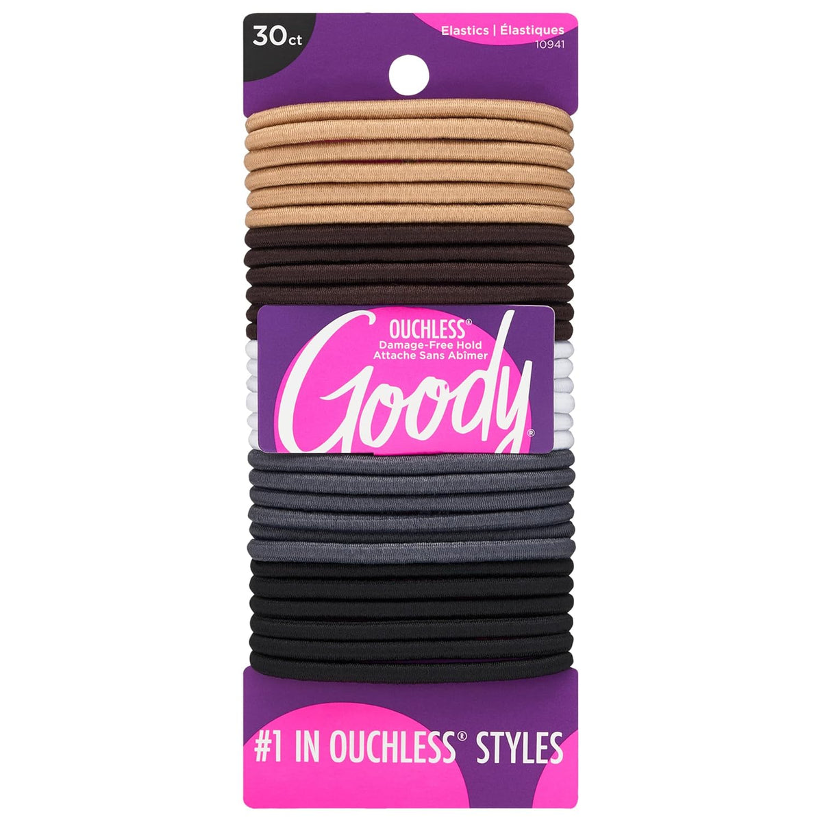 Goody Ouchless Elastic Hair Ties, 30 Ct, Brown, 4MM Rubber Bands, Pain-Free