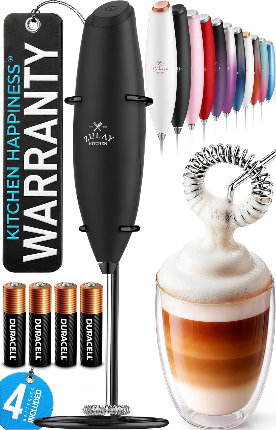 Zulay Kitchen Powerful Milk Frother Wand With Duracell Batteries - Ultra Fast Handheld Drink Mixer - Electric Whisk Foam Maker for Coffee, Lattes, Cappuccino & Matcha - Triple Whisk - Queen Turquoise