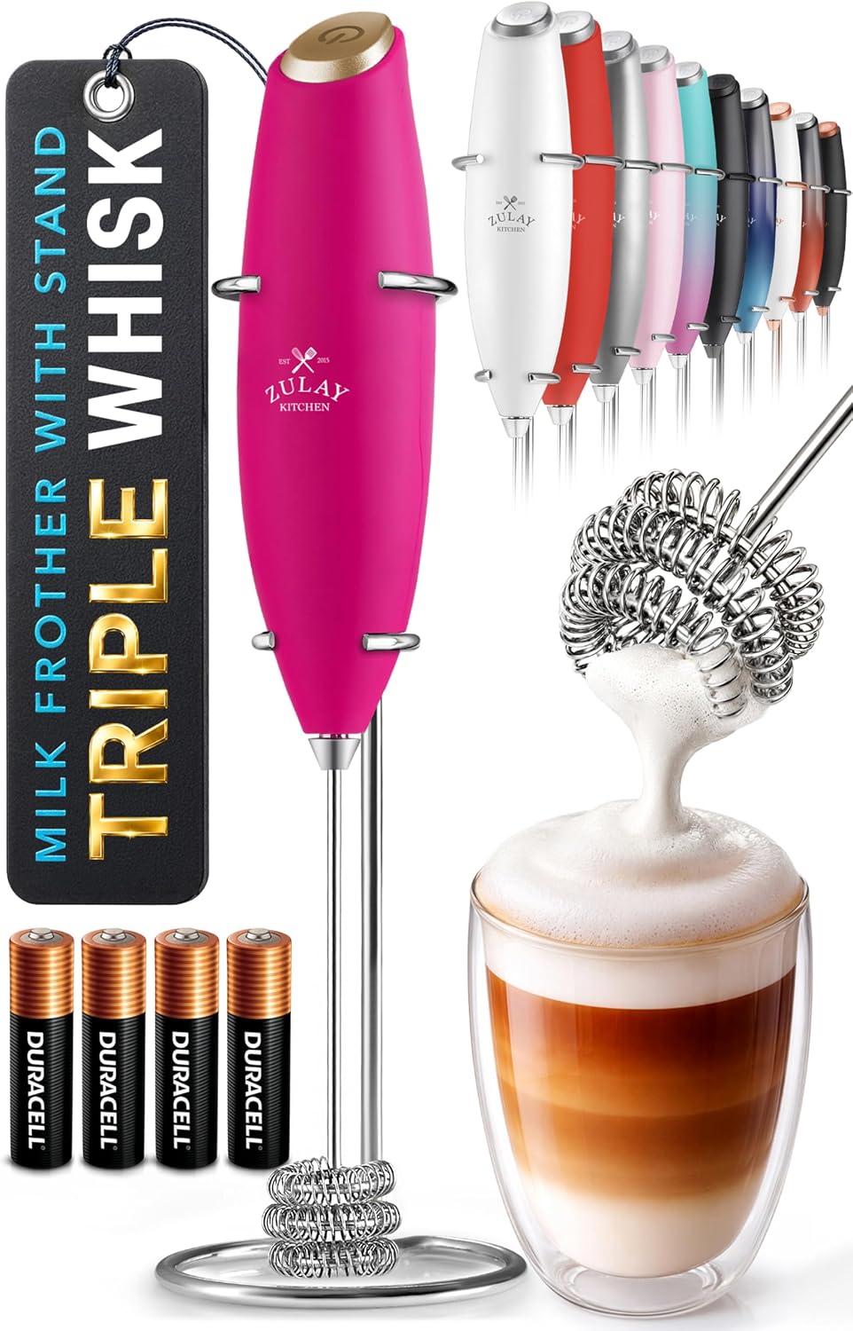 Zulay Kitchen Powerful Milk Frother Wand With Duracell Batteries - Ultra Fast Handheld Drink Mixer - Electric Whisk Foam Maker for Coffee, Lattes, Cappuccino & Matcha - Triple Whisk - Queen Turquoise